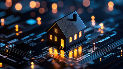 Naklejka premium miniature house on glowing circuit board symbolizes smart home technology