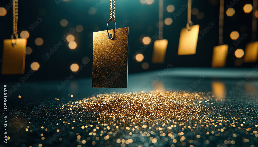 Poster golden tags hang elegantly with sparkling bokeh in background