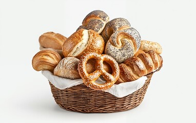 Selection of traditional freshly baked bread and flaky croissants in a wicker basket with crunchy pretzel and soft bagels topped with seeds on white background