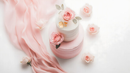 Blush Pink Ombré Wedding Cake with Gold Leaf & Fresh Roses – Aerial View