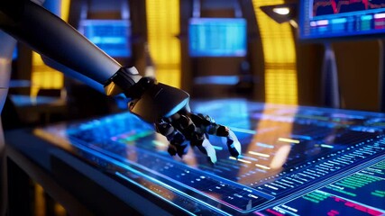 Futuristic Robot Arm Interacting with Advanced Data Interface - Powered by Adobe