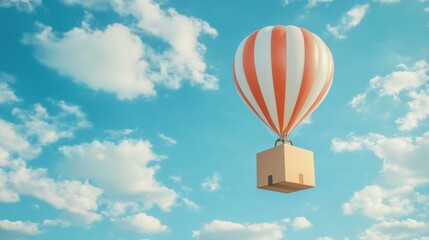 Fototapeta premium Hot air balloon with cardboard box in blue sky, adventure and delivery concept