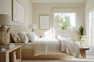 there is a bed with a white blanket and a wooden table