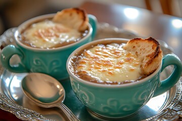there are two cups of soup with bread in them on a tray
