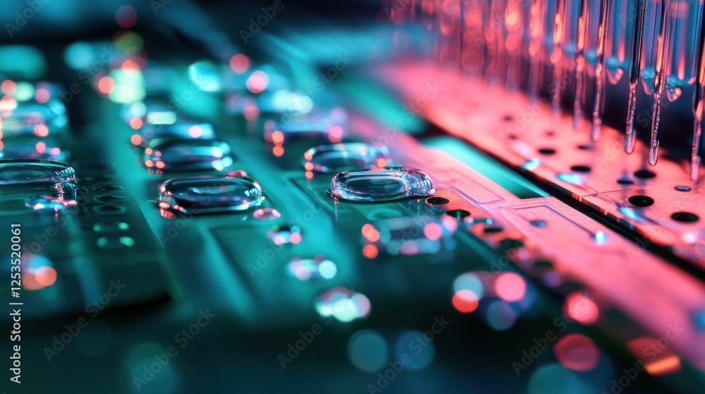 Poster close up view of microfluidic channels and droplets on a circuit board, showcasing advanced technolo