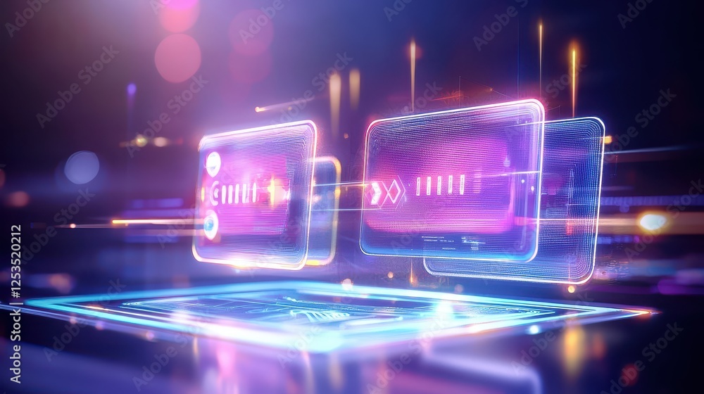 Poster abstract ai-driven loyalty card concepts, floating holographically in a futuristic scene, radiating 