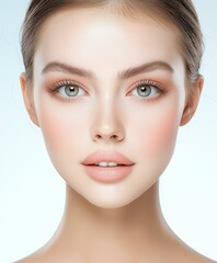 Fototapeta premium A close-up portrait of a young woman with flawless skin and striking green eyes.