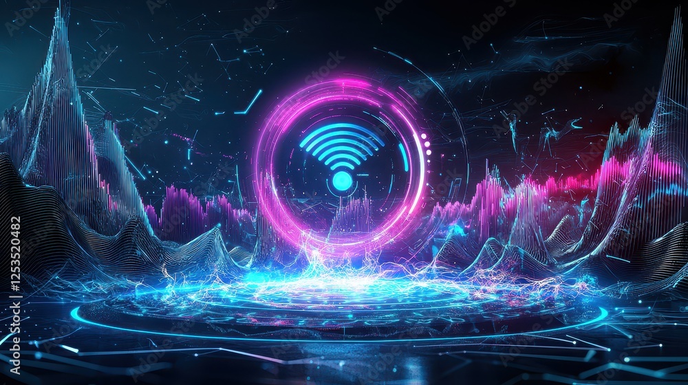 Poster abstract ai-powered voice assistant visual with glowing waveforms and digital speech bubbles, modern