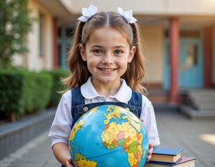Cheerful schoolgirl with bright smile holding globe and books against blurred school background
