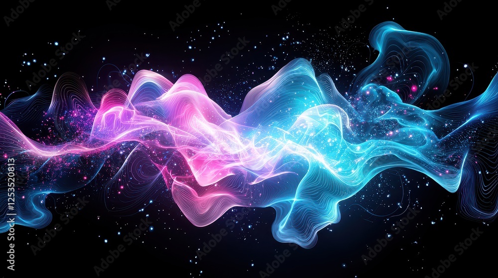 Poster abstract futuristic representation of predictive analytics, with glowing data streams and algorithmi