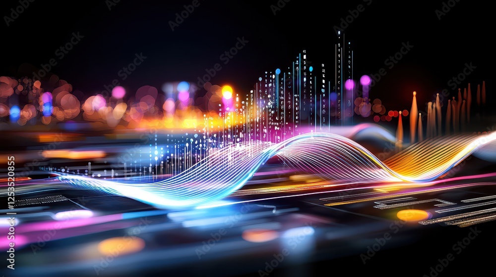 Poster abstract neon waves representing ai processing user data to deliver hyper-personalized advertising, 