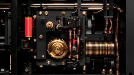 Fototapeta premium Closeup intricate machine mechanism, gears, springs, wires. Possible use Engineering or industrial design stock photo