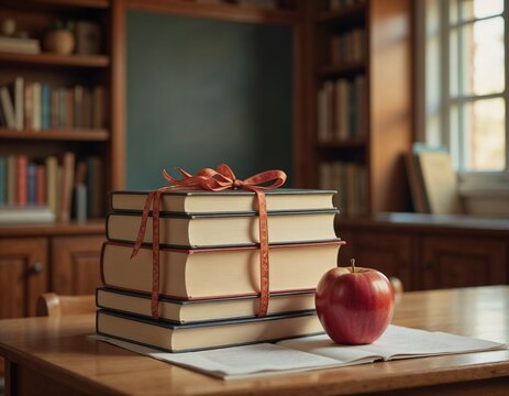 Classic still life of books in warm colors representing knowledge and learning