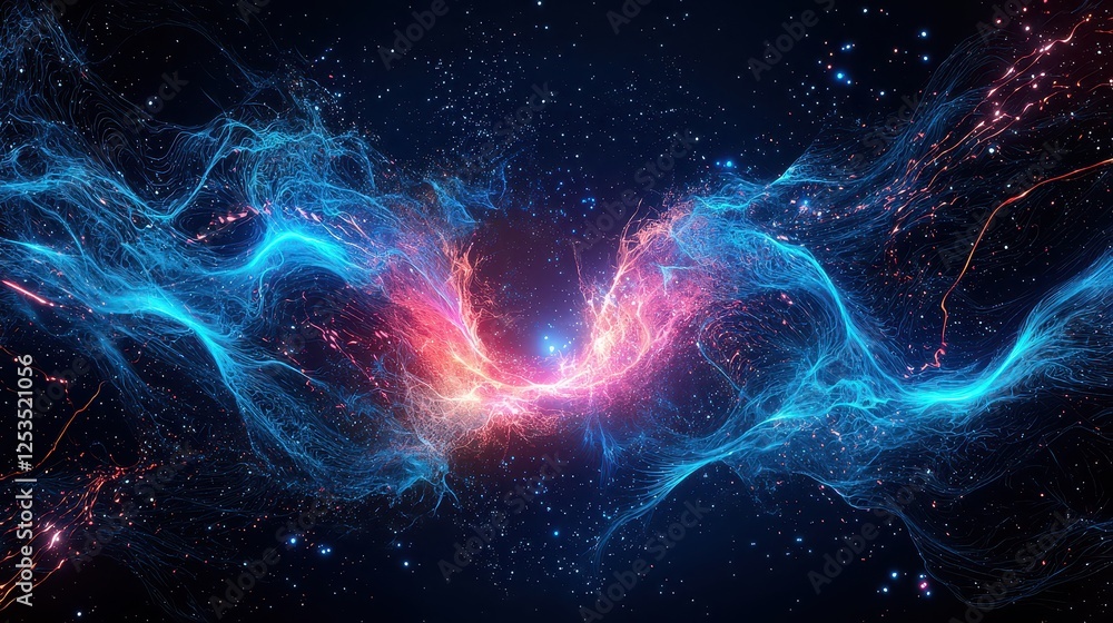 Poster abstract visualization of an ai algorithm forming digital artwork, sleek and modern with glowing int