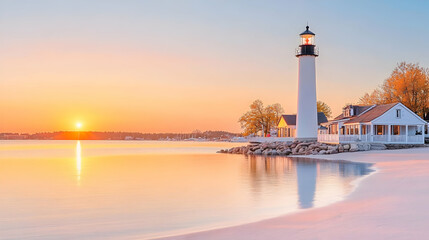 Fototapeta premium Lighthouse stands tall at sunrise by sandy shore, still water, for travel brochure, coastal scene, tourism, tranquility, and peaceful getaway