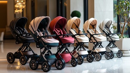 	Modern factory production line manufacturing baby strollers, with workers assembling parts, machinery operating efficiently, and strollers moving through various stages of construction