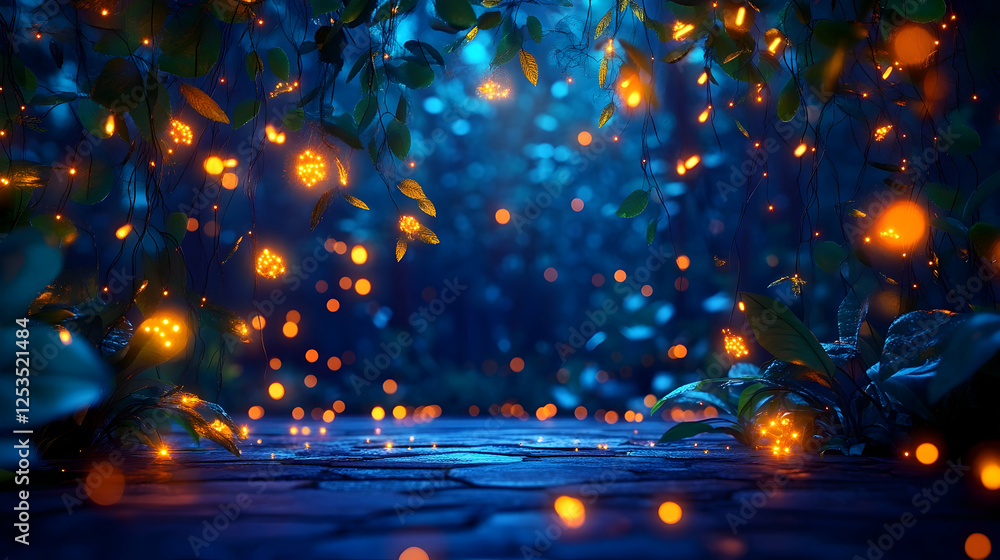Poster magical forest path lights twinkle, creating an enchanting, mystical scene. ideal for fantasy or nat