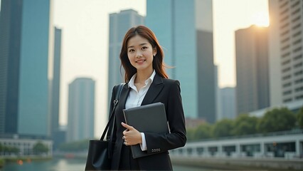 Fototapeta premium Successful Asian Woman Walking in the Business District – Confident Corporate Professional in a Modern Cityscape
