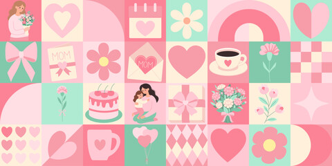 A collage of pink and green images with a woman holding a child and a cake. The woman is holding a bouquet of flowers and a card. The image is a collage of different shapes and sizes of hearts