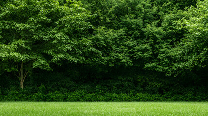Lush green trees and grass background image for nature designs, parks promotion, or eco-friendly campaigns with beautiful tree line