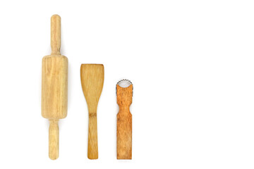 wooden kitchen utensils on the white background