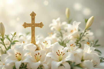 Elegant golden Easter cross amidst a serene arrangement of pristine white lily blooms and delicate buds symbolizing renewal and hope