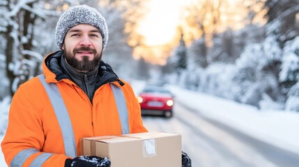 Delivery worker in winter gear holding a package on a snowy road with a car passing by at sunset