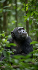 Intrigued Chimpanzee Gazing Upwards: A Forest Portrait - Wildlife Wonders & Primate Behavior in Natural Habitat!