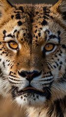 Obraz premium Amur Leopard Close-Up: An intense close-up portrait of an Amur leopard, showcasing its striking golden eyes, distinctive spotted coat, and powerful gaze.