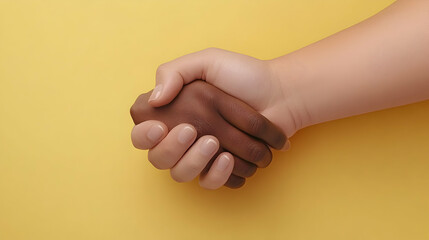 Multiracial handshake signifying unity and friendship. Partnership concept on yellow background, suitable for a diversity and inclusion campaign