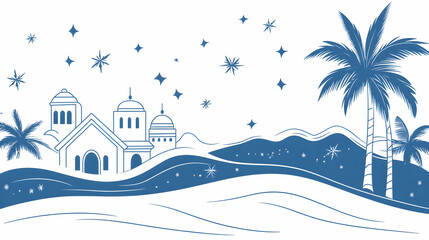 Nativity scene illustration of Bethlehem with palm trees under a starry sky for Christmas cards, posters, social media, and backgrounds
