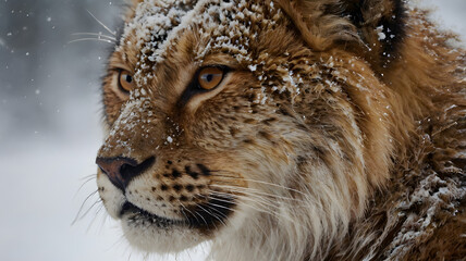 Fototapeta premium Lynx in Winter Wonderland: A majestic lynx, its fur dusted with snowflakes, gazes intently into the distance, embodying the raw beauty and wild spirit of winter.