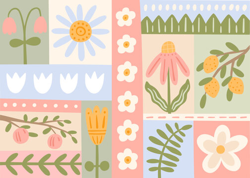 Cute spring abstract illustration in patchwork style. Vector bright pattern with plants and flowers. Hand-drawn illustration