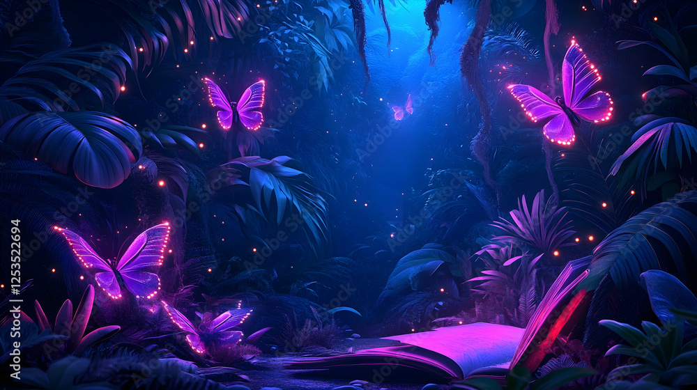 Aufkleber open book in magical rainforest glows with butterflies at twilight, conveying wonder and imaginative