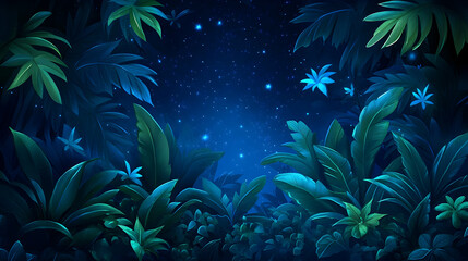 Fototapeta premium Nighttime tropical jungle foliage with stars twinkling, used for wallpaper or educational background illustration