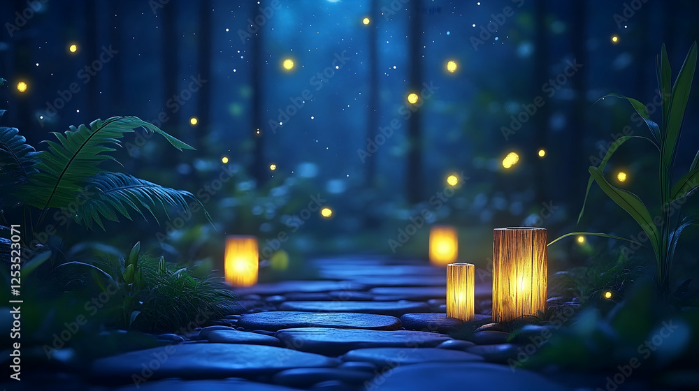 Poster pathway illuminated with lanterns in a forest at night, creating a peaceful ambiance. usable for web
