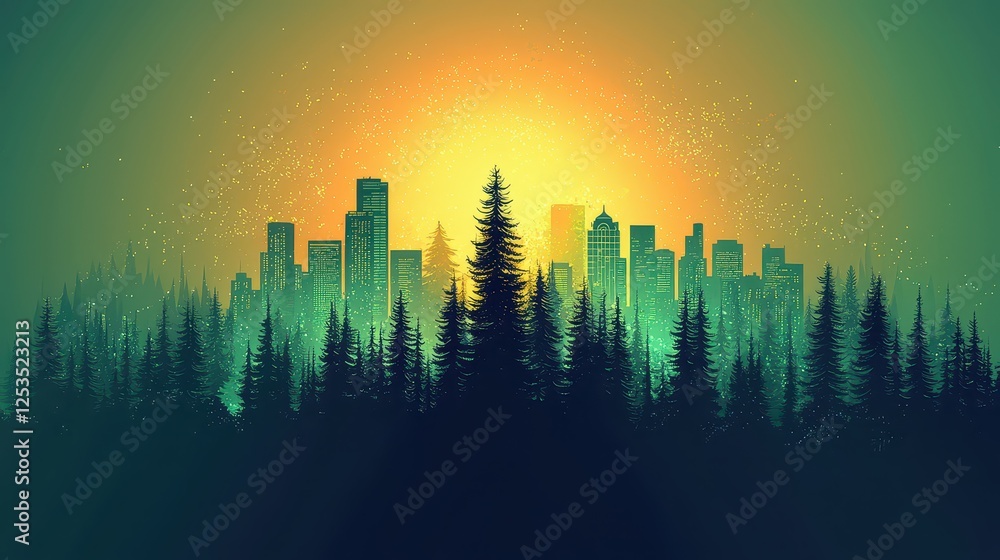 Poster flat vector design of seattle skyline silhouette, where clean lines and geometric shapes represent t