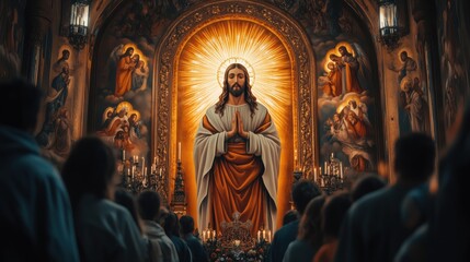 Naklejka premium Parishioners gathering in church and praying in front of a statue of jesus christ