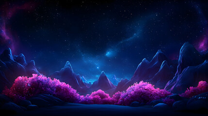 Pink blossoms under a starry night sky over distant mountains. Ideal for wall art, wallpapers, or creating a surreal, dreamy backdrop