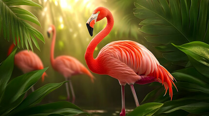 Fototapeta premium Pink flamingo rests in a lush jungle setting with a soft, sunlit background. Perfect for exotic themes and nature illustrations