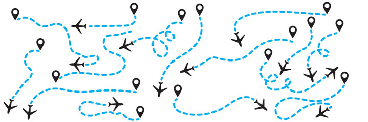 Set of airplane routes dotted editable line. Planes traveling from the start point of the path. Airplane tracking, travel, map pins, location conclusions. Vector illustration 