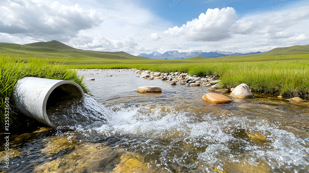 Poster pipe draining water into a river flowing through a green field with mountains and a cloudy sky in th