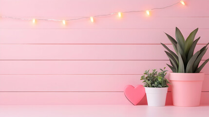 Plants in pots on pink shelf with lights, and heart, suitable for Valentine’s Day greetings, promoting romantic themes, or home decor
