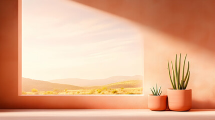 Plants sit by a window framing a landscape view, creating a peaceful, sunlit interior space suitable for meditation or relaxation