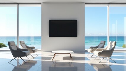 Flat Screen TV Mockup, Conference room ocean view flat screen TV for presentations photorealistic.
