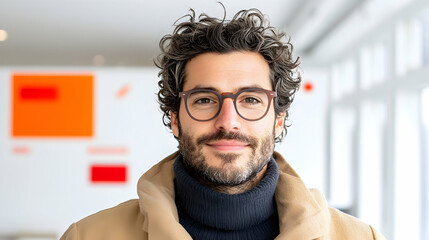 Obraz premium Portrait of a smiling, curly-haired man with glasses at an indoor setting, wearing a jacket, for professional or lifestyle use