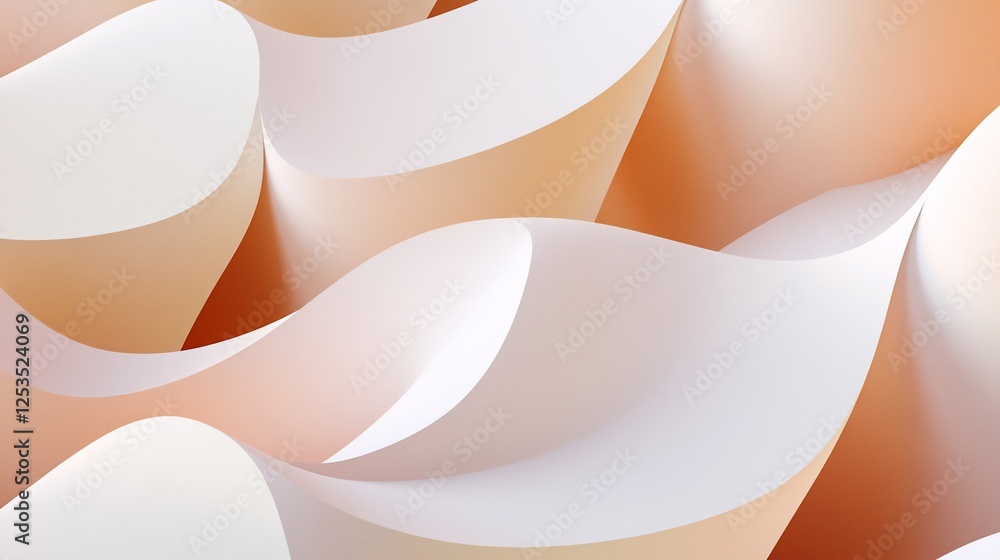 Poster abstract paper art with curves and waves in shades of white and peach creating a flowing motion