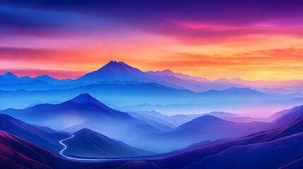 Road winds through majestic mountains at sunset. A serene landscape ideal for travel, adventure and background wallpaper