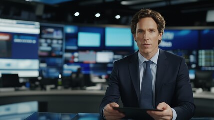 News Anchor in Studio: A confident and professional news anchor, dressed in a sharp suit, delivers news updates from a modern news studio, creating a sense of authority and trustworthiness.