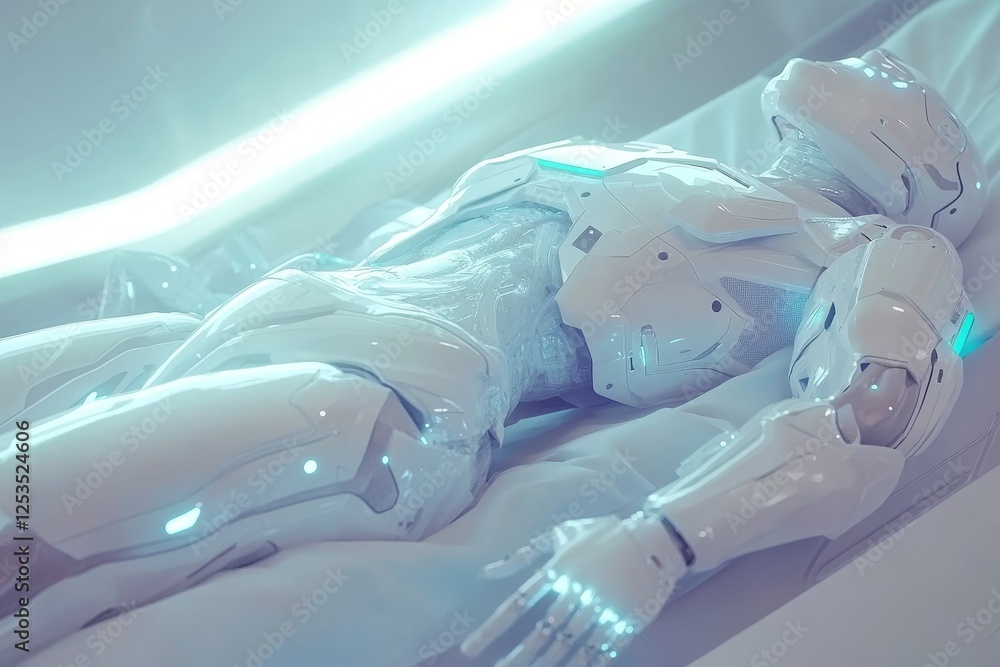 Poster futuristic android in suspended animation inside high-tech pod
